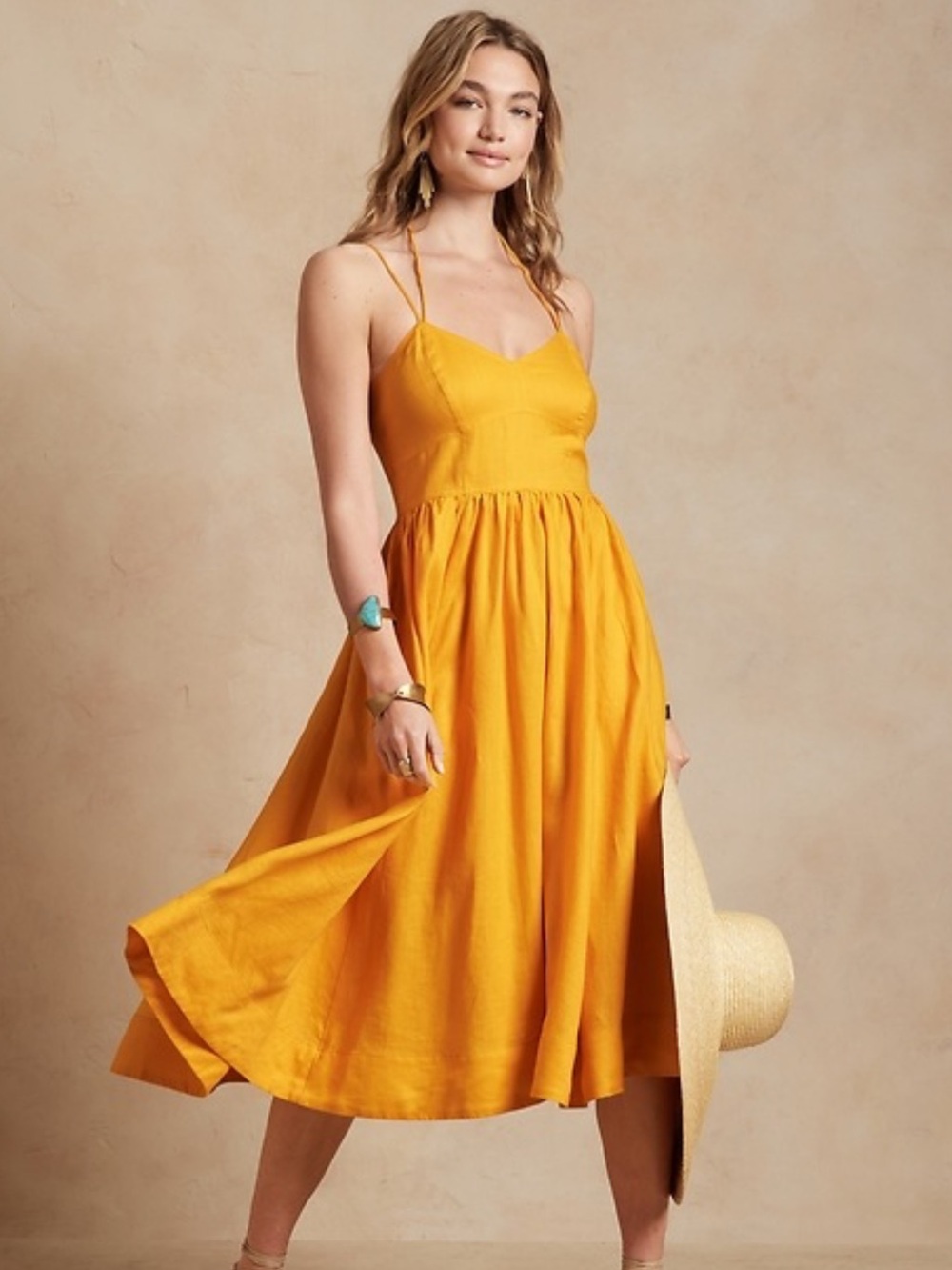 Banana Republic Marigold Yellow 100% Linen Midi Dress